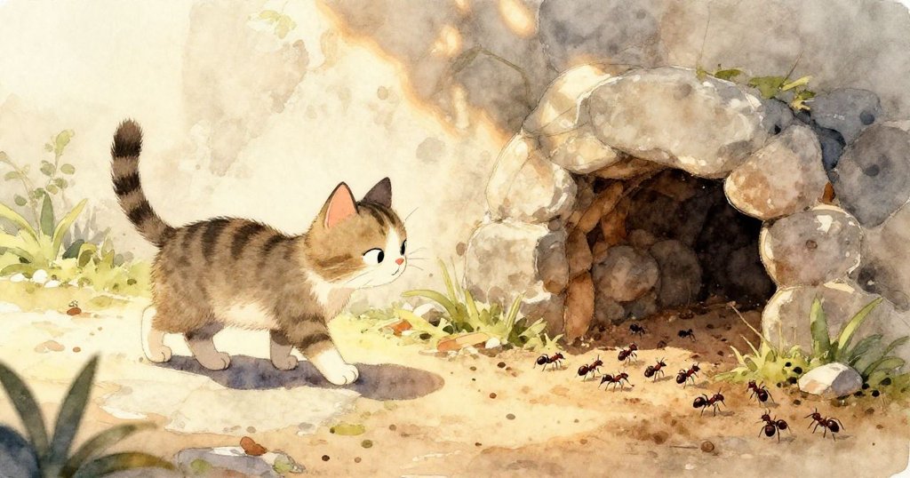 小鳥在網上啄食，新芽隨風搖曳，網象徵著探索與奇遇，畫面充滿細膩與童真。