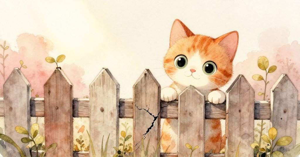 在秋日暖陽下，老籬笆出現裂縫，新芽奮力破土，小貓好奇探頭，細節描繪季節更替與生命力。