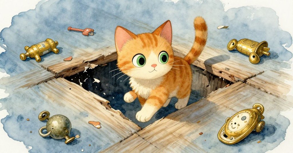 小貓朝木板正方形縫隙邁進，破舊玩具在光線下散落，展現出挑戰與探索的內心掙扎與好奇。