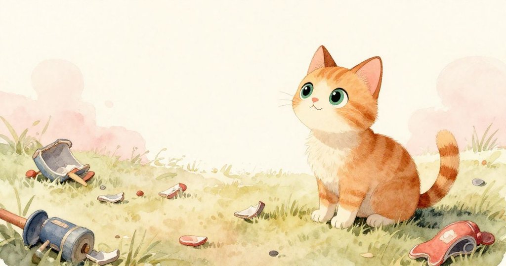 平靜全景中，小貓抬頭凝望遠方，破舊玩具在柔光中靜臥，呈現出探索後的寧靜與溫馨結局。