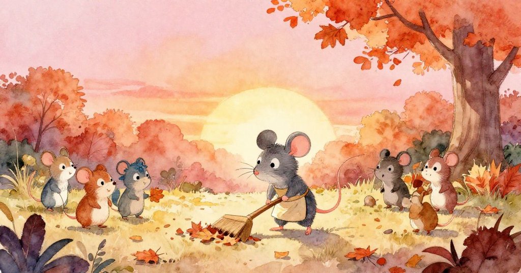 小老鼠米奇在陽光下掃落葉，庭院中動物圍觀，充滿開場活力，情節開端歡樂且繁忙。