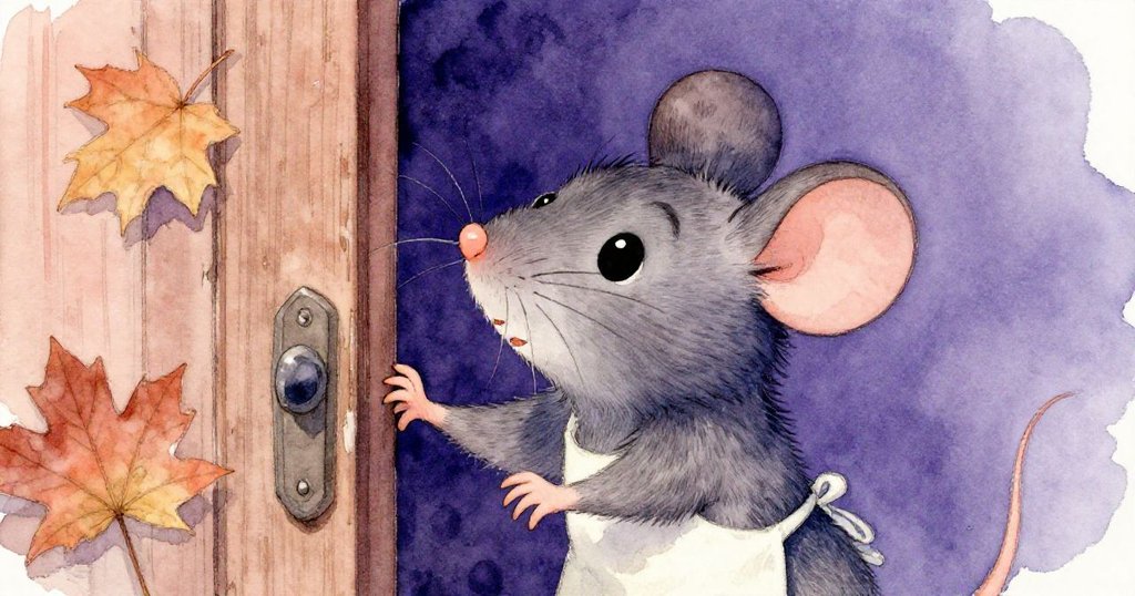 小老鼠米奇專注地掃葉，細緻胡須與老舊木門紋理交織，情節進入細膩轉折，充滿好奇與專注。