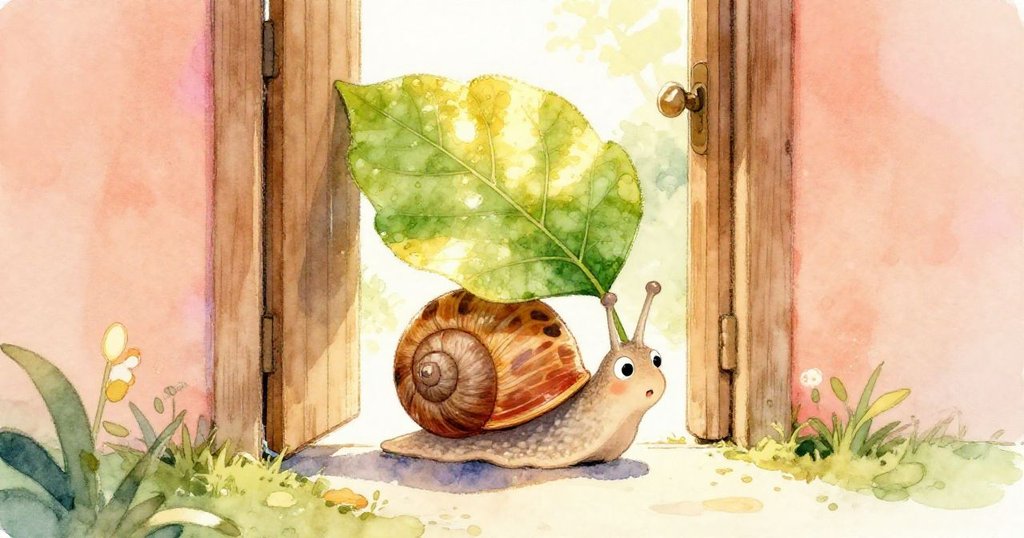 小蝸牛Shelly攜帶大葉擋住狹窄門框，從低角度呈現，展現驚訝與堅定，情節進入意外狀況。