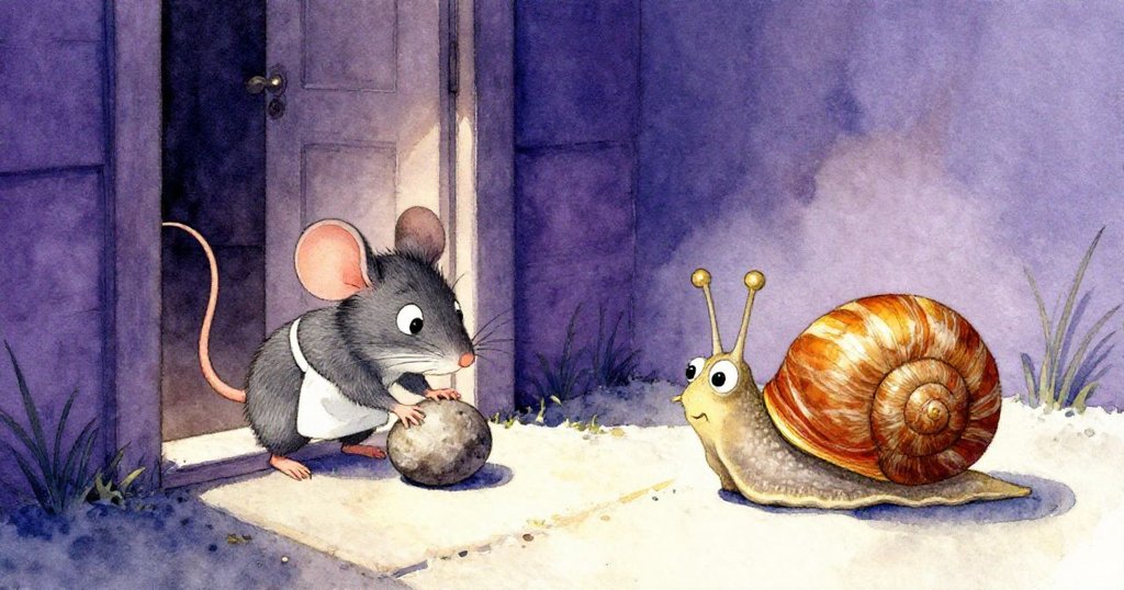 從高處俯視，小老鼠米奇忙於滾石拓寬門縫，小蝸牛Shelly耐心等待，展現協作與轉折情節。