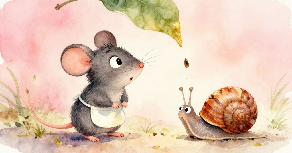 小老鼠米奇與小蝸牛Shelly驚喜發現大葉落下種子，種子在地面滾動，情節進入神奇發現的瞬間。