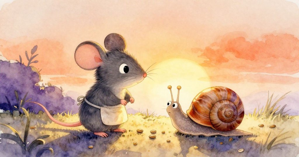 夕陽下小老鼠米奇與小蝸牛Shelly共享寧靜角落，種子散落，光影溫暖締造夢幻結局，情節漸入平和。