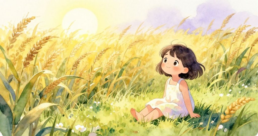 女孩坐在陽光普照的青草上，周圍高玉米隨風搖曳，她眼中滿懷好奇，展現出寧靜與期待的心情