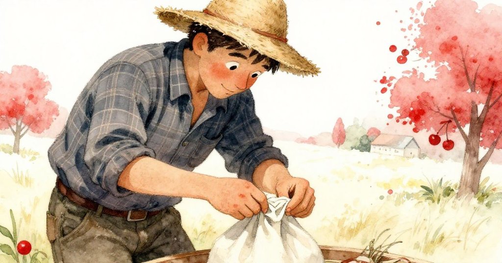 農夫專注地綁著裝滿穀粒的布袋，雙手細緻而穩健，背景中龐大金色收成隱約可見，充滿動作與決心