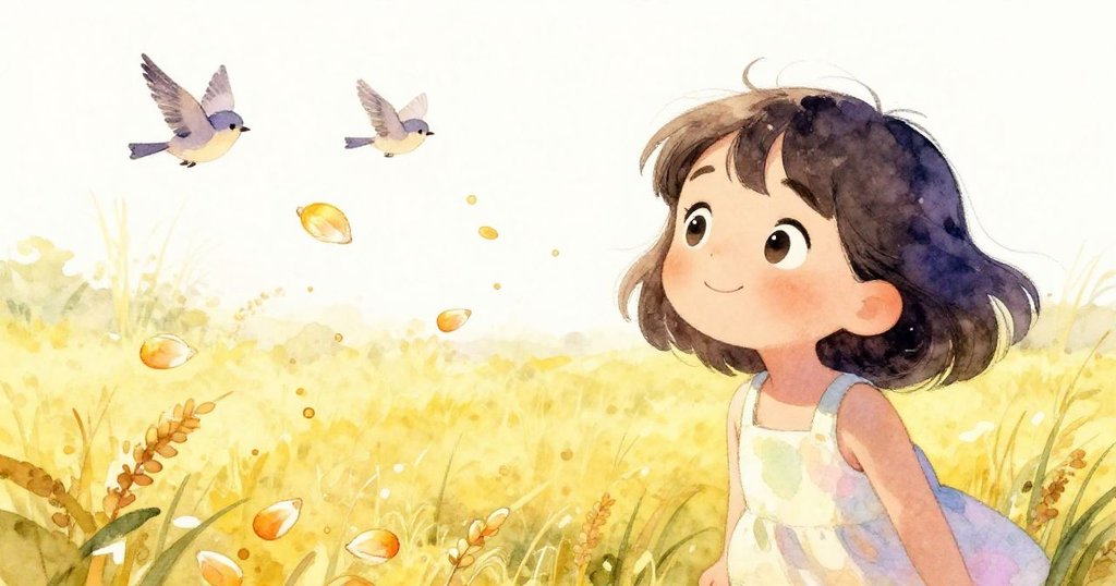 女孩驚喜地看著金色穀粒四散飛揚，小鳥在空中翩翩起舞，整個田野洋溢著豐收與奇妙發現的氣息