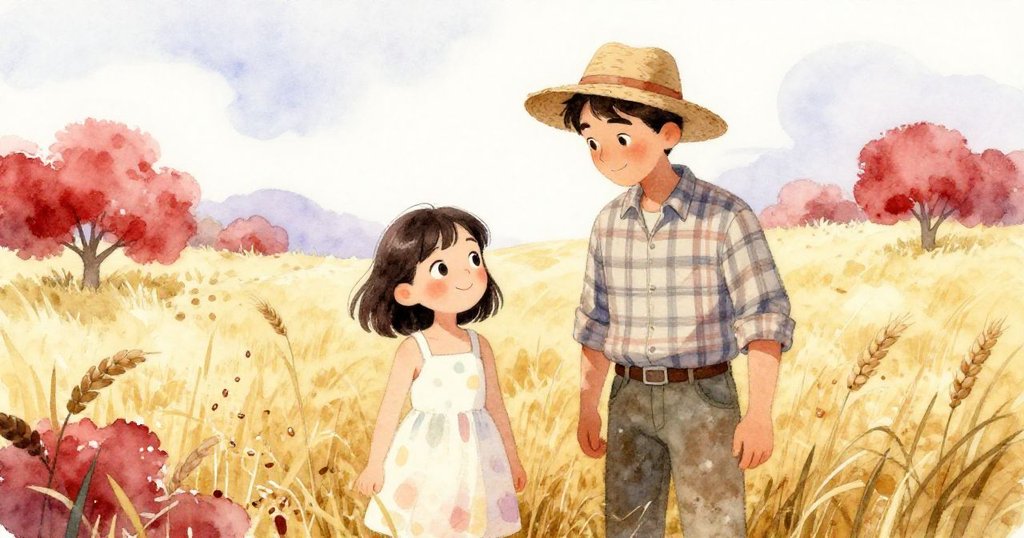 女孩與農夫在夕陽下溫馨相聚，共同欣賞散落滿地的穀粒，兩人互視微笑，環境充滿豐收與和諧的感動