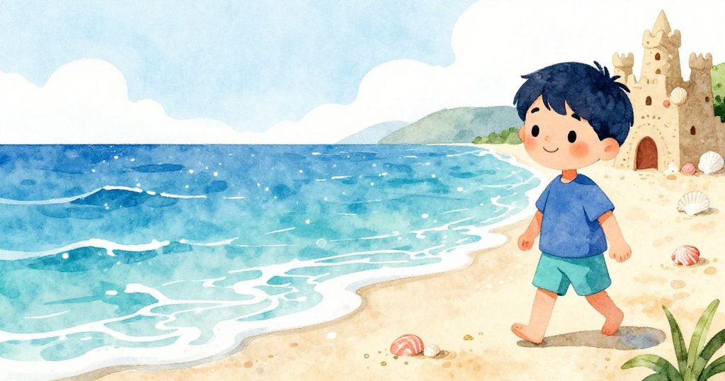 Sam 在廣闊的海灘上漫步，陽光灑滿沙灘，波光粼粼的海浪反射著金色光芒，遠處的沙堡與貝殼點綴出充滿冒險與期待的海邊風情。