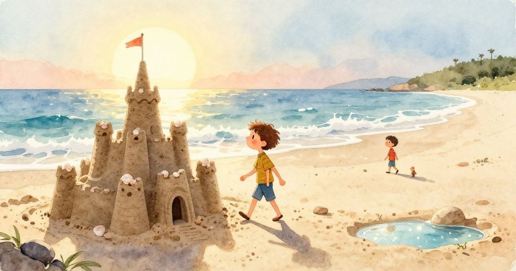 Sam細心走過濕潤的木板，他的步鞋在海邊沙地留下清晰腳印，展現了探索與期待的心情。