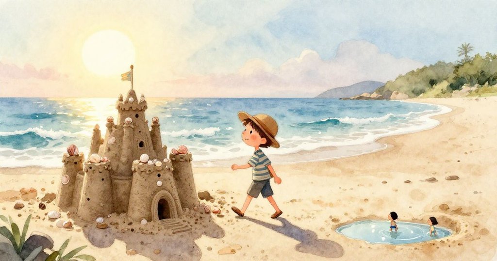 細膩特寫展示散落在貝殼間破舊的魚食譜紙張，紙角隨風輕舞，帶來一絲神秘與好奇。