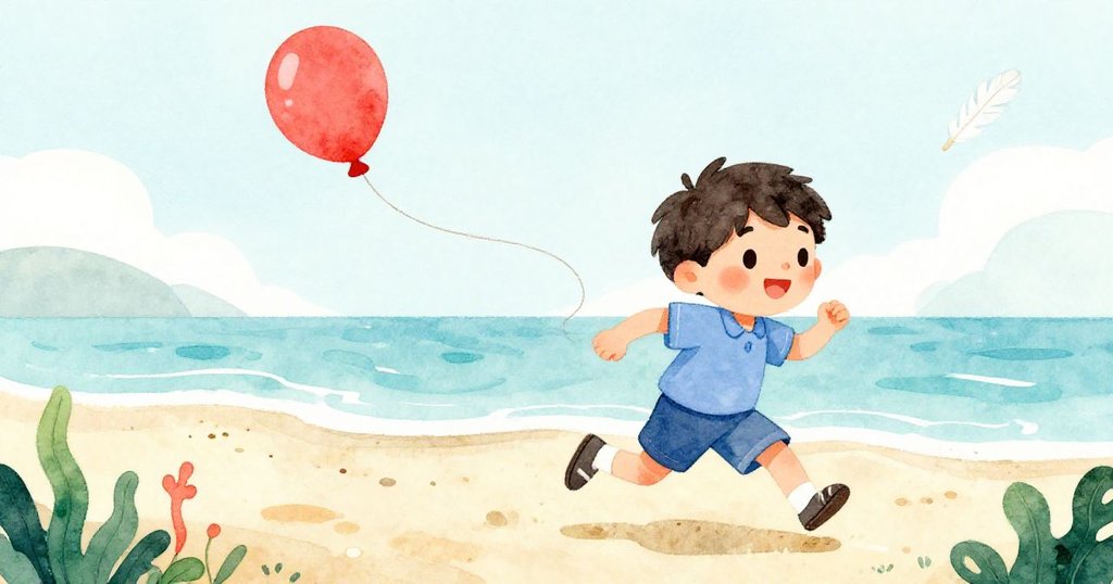 Sam急速奔跑追趕漂浮的紅氣球和白羽毛，動感十足，臉上充滿激動與期待，呈現海邊追逐冒險場面。