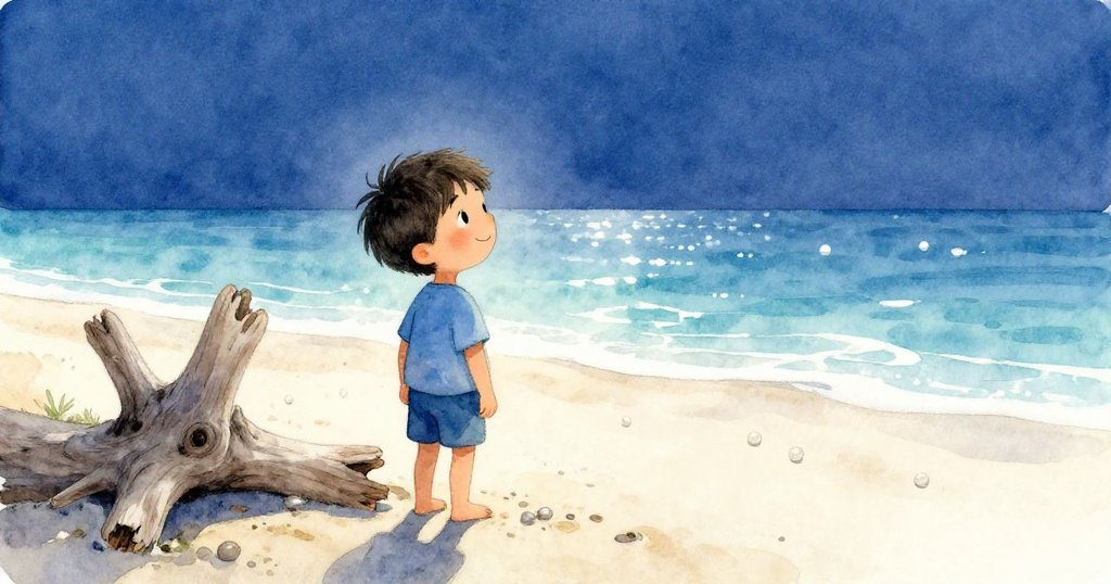 Sam背對夕陽站在灰色漂流木旁，凝視著遼闊海平線及白羽毛，臉上流露出平靜與對新冒險的期許。