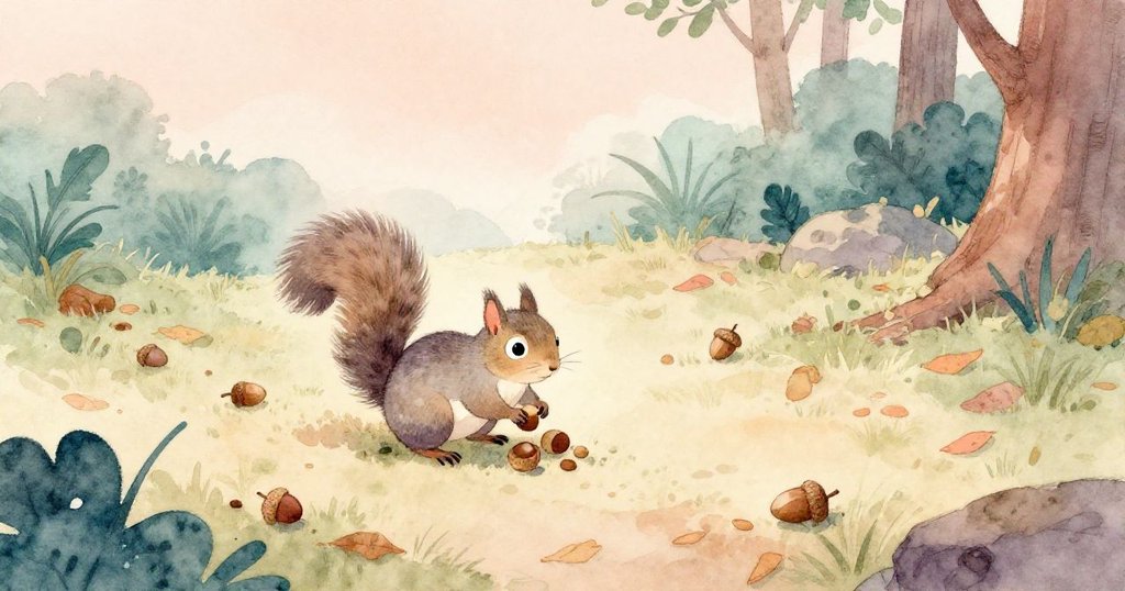 在溫暖的森林上空,灰松鼠忙碌地整理橡果,乾落葉隨風飄飛,畫面充滿生機與自然和諧,情感輕鬆溫暖。