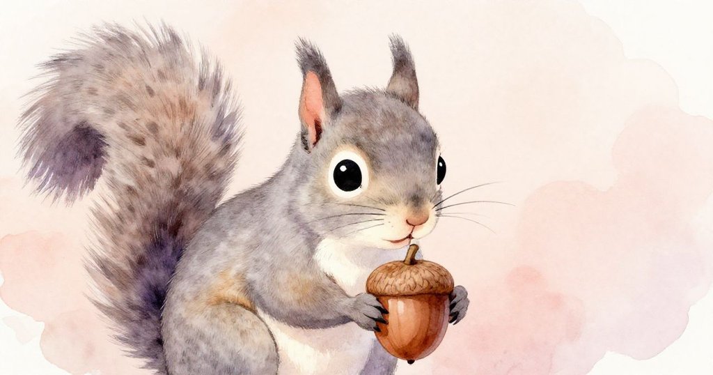 灰松鼠專注地注視著一顆光滑橡果,眼神充滿好奇與專注,背景微妙呈現森林柔光,情感溫馨而深刻。