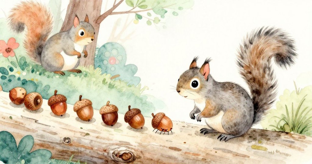 從小生物視角看見樹皮紋理、整齊橡果與穿梭小螞蟻,灰松鼠正忙於整理,場景充滿自然生態細節與溫馨互動。