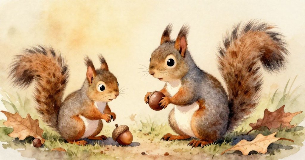 水面倒影中呈現橡果、葉片與遠處森林輪廓,倒映出灰松鼠靜謐身影,畫面柔和夢幻,細節層次豐富。