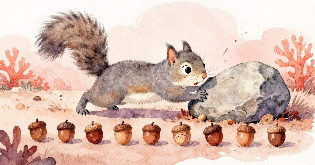 灰松鼠驚訝地發現一塊重石打亂橡果排列,迅速伸爪推石,畫面動感十足,展現自然互動與緊張瞬間。