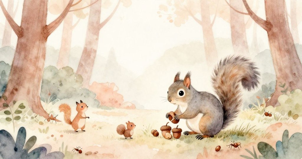 灰松鼠與橡果、落葉、小螞蟻在溫暖環境中和諧重聚,畫面靜謐而平衡,生態恢復後呈現寧靜與共生之美。
