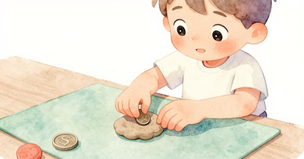 Sam專注操作硬幣與黏土，綠色紙墊質感清晰，細節豐富，呈現溫馨家庭活動細節。