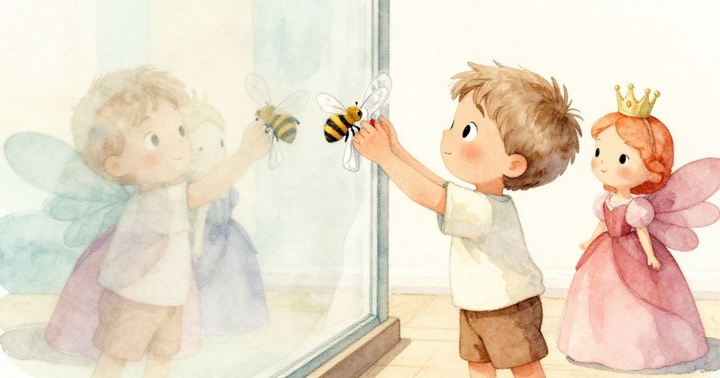 Sam在玻璃桌旁輕抬塑料蜂，玻璃中映出Toy Queen，神情認真好奇，雙重視角呈現家庭溫馨。