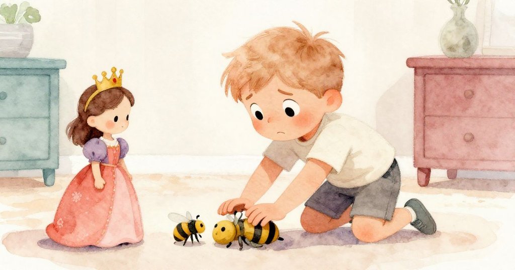 Sam急忙用黏土穩住跌落的塑料蜂，Toy Queen靜立旁邊，臉上焦急專注，室內情緒緊張轉變。