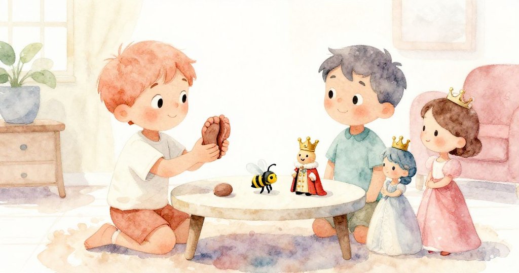 Sam自信展示摺好的小腳，塑料蜂穩立，Toy King與Toy Queen歡笑相伴，溫馨室內派對圓滿結局呈現。