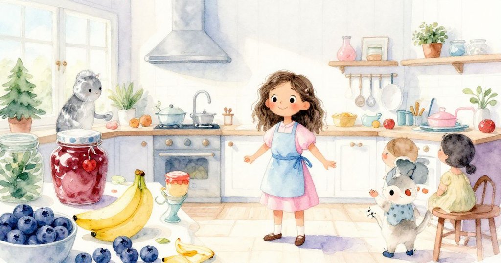 Lina在溫暖明亮廚房中忙碌，與果醬、香蕉、藍莓及小貓互動，展現歡樂早晨氛圍。