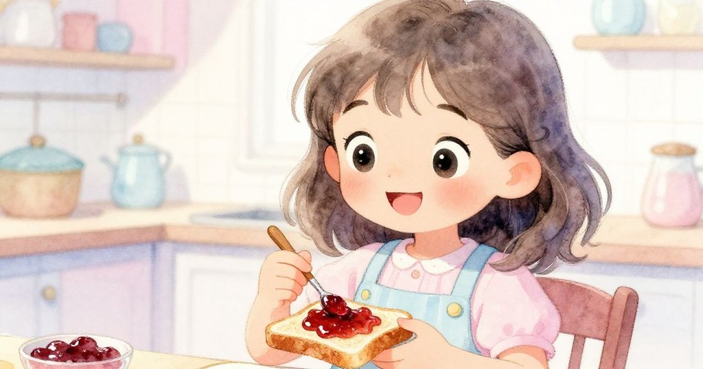 Lina專注地將果醬塗抹在吐司上，臉上滿是創意與快樂，溫柔光線襯托出她的細膩情感。