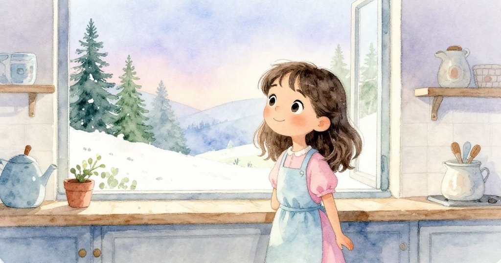 Lina站在廚房窗邊凝望室外，柔和自然光映入室內，展現思索與靈感交融的瞬間。