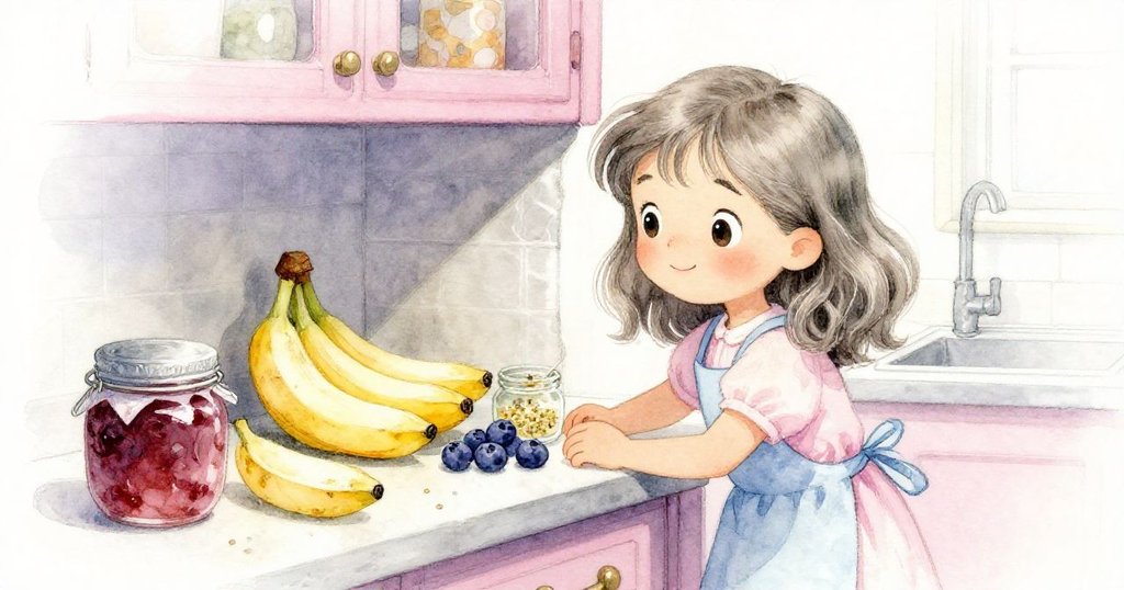 Lina專注於檯面隱秘角落，輕觸果醬與水果，發掘如寶藏般秘密食材，溫馨充滿驚喜。