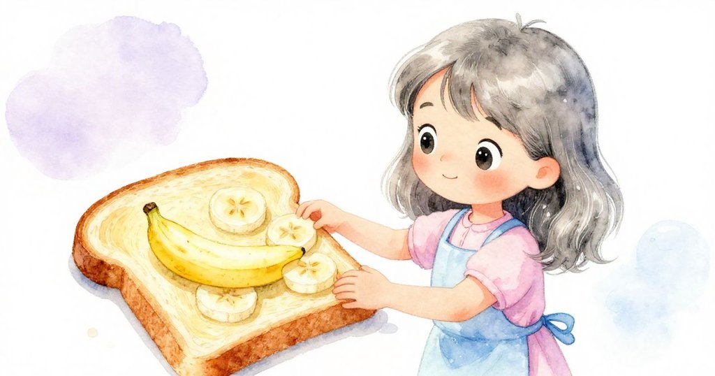 Lina聚精會神地調整吐司上香蕉，轉化不開心表情，展現創意與決心的關鍵時刻。