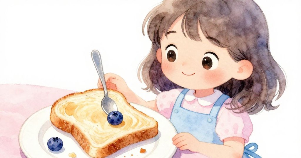 Lina欣賞著完成的笑臉吐司，藍莓點綴與碎屑環繞，傳達成功與溫馨結局的寓意。