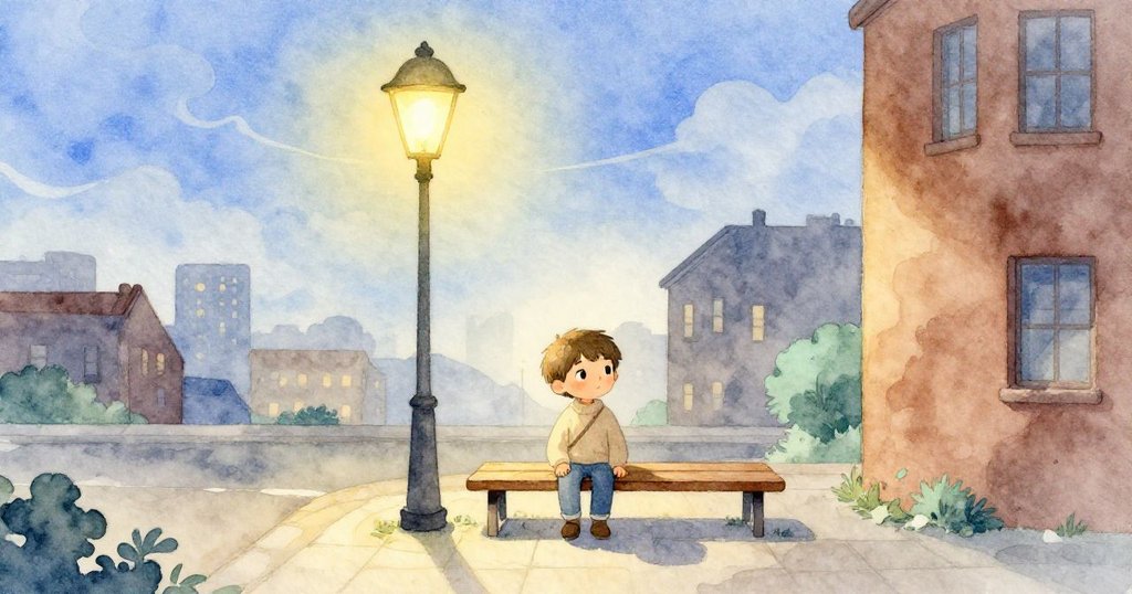 在黃昏微光中，Alex坐在低椅上注視天際，街燈溫柔照亮城市背景，散發出安寧與期待的氛圍。