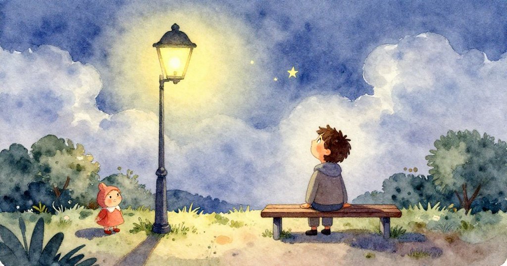 從小蛾子視角看燈泡溫暖光暈，夜空微星隱現，蛾子輕舞展現夜晚詩意與探索。