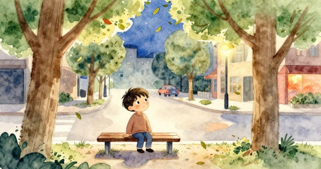 在靜謐夜道中，Alex坐於凳上與搖曳樹葉共鳴，遠處車聲低鳴，呈現都市與自然融合情境。