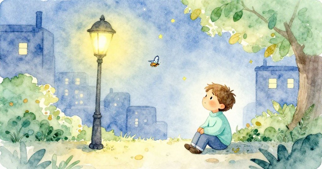 星光閃爍夜空中，Alex靜享平和時光，蛾子舞動於燈旁，象徵夢想與希望在柔美夜晚綻放。