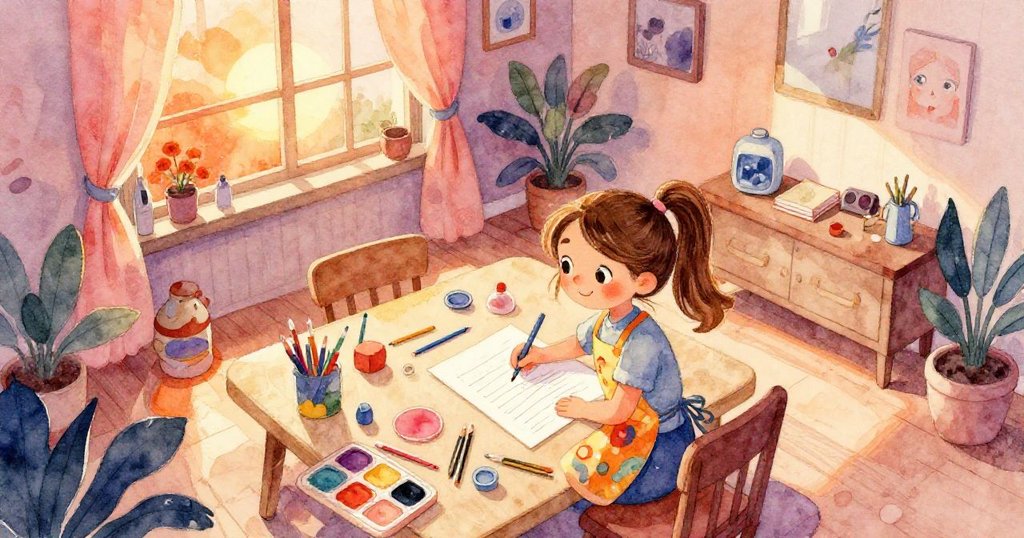 莉莉坐在桌前用心畫星，從上方鳥瞰的明亮房間中展現出溫馨創作氛圍與專注情感。