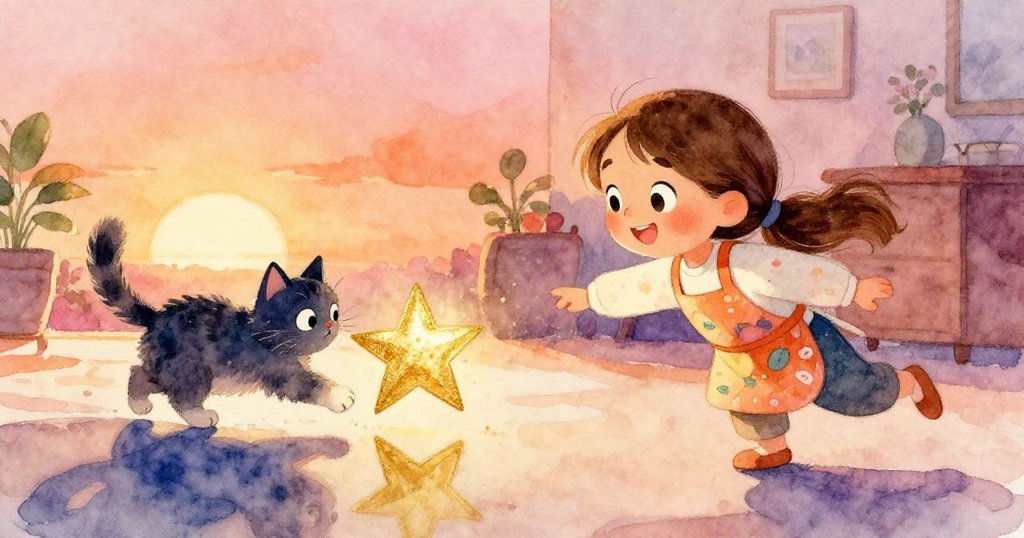 金色星星滑落並在光滑表面上閃爍，貓咪好奇輕拍，反映出房間中溫暖與動感的氛圍。