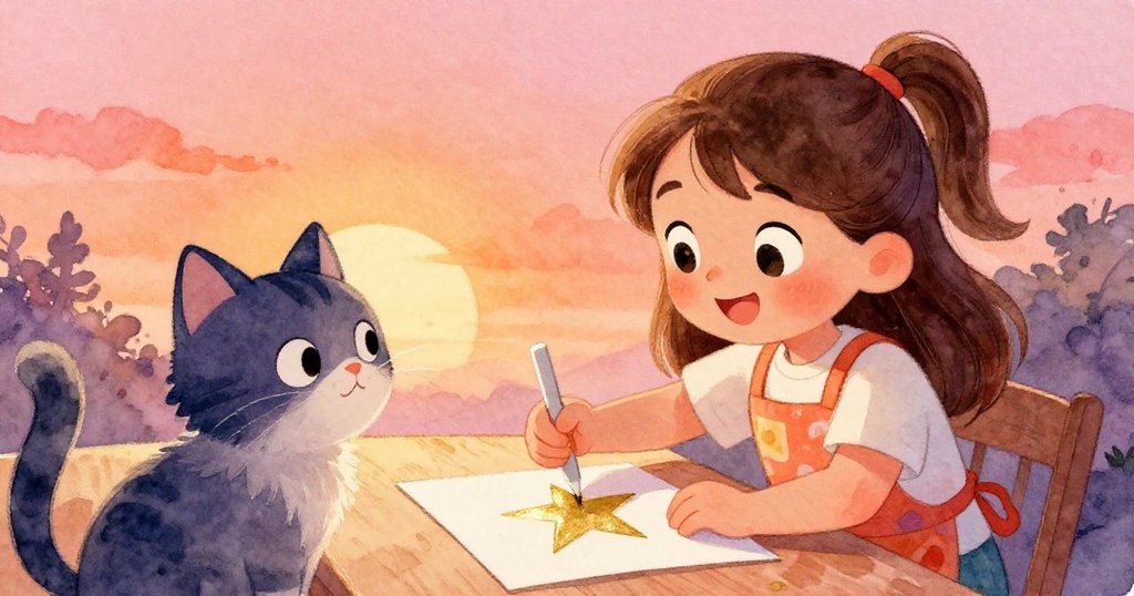 莉莉從桌下取回金星，臉上滿是喜悅，貓咪好奇相伴，溫馨氛圍中展現慶祝完成成果。