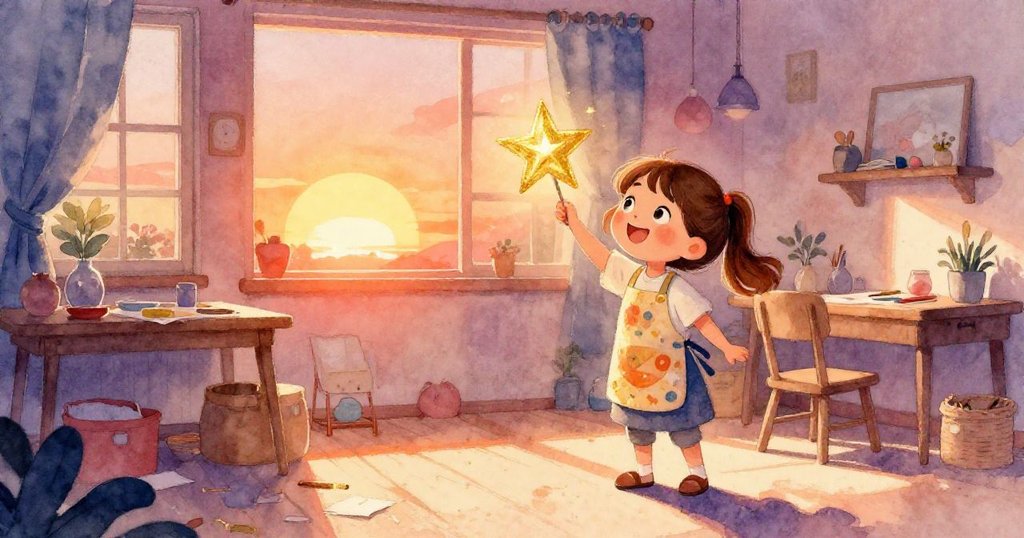 莉莉在黃昏溫暖光線中堅固金星，房間充滿柔和日落光輝，呈現創作成功與滿足喜悅的溫馨結局。