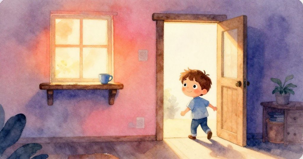 米洛走進晨霧籠罩的溫暖房間，木架上藍杯映著金光，臉上滿是好奇與期待。