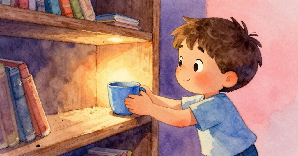 米洛小心提起覆滿塵埃的藍杯，手部細節清晰，其眼中閃現探索與驚奇的情感。