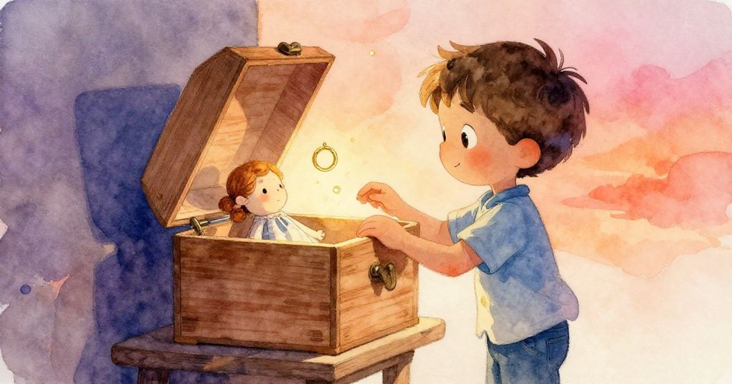 米洛注視高架木箱，緩緩打開時，布娃娃與金環輕落，其倒影映在拋光表面，情景充滿探秘氣氛。