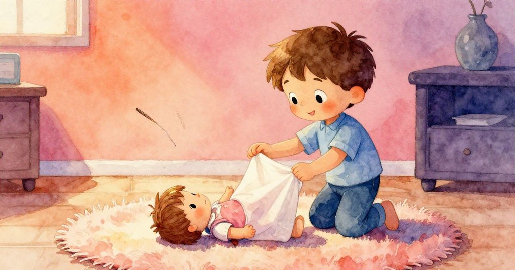 在房間角落，米洛輕搖布娃娃，使細筆滑落在絨毯上，房內暖光映襯，動作中展現溫柔探索。