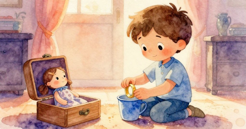 米洛將金環放回藍杯，並細心置布娃娃於木箱旁，臉上流露滿足與柔情，環境寧靜溫馨。