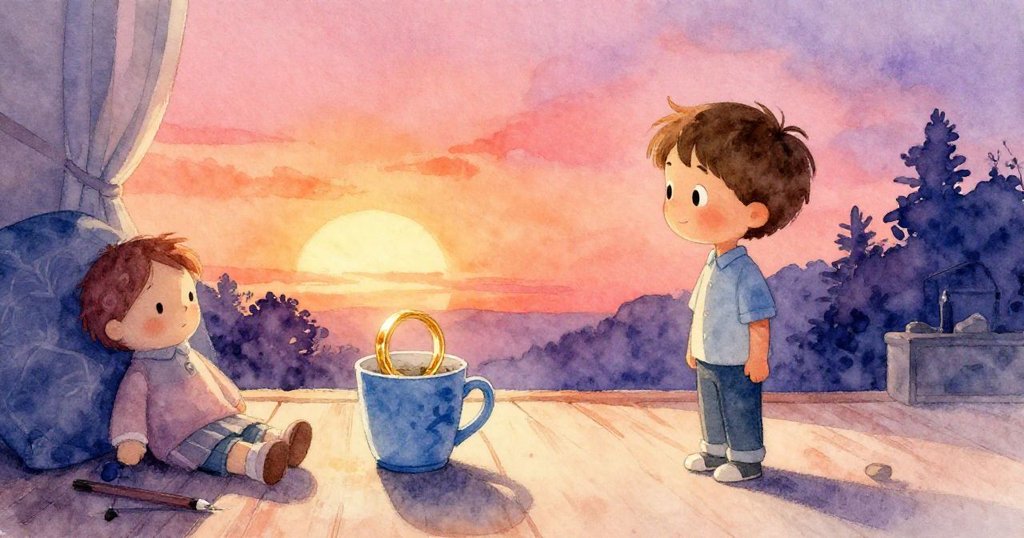 米洛在寧靜房間中凝視整齊排列的藍杯、金環、布娃娃與細筆，象徵秘密發現，氣氛幽靜溫暖。