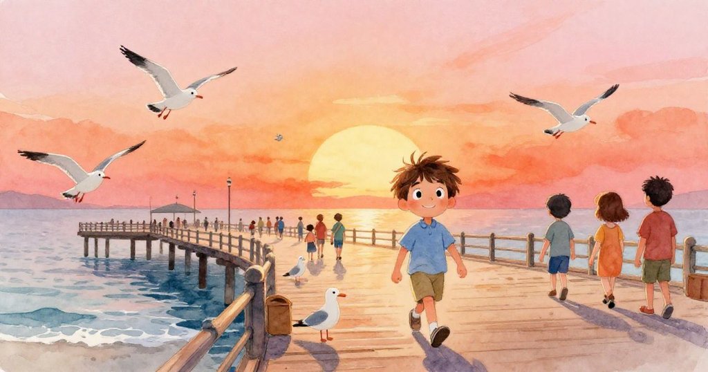 米洛在繁忙的碼頭上散步，海鷗飛翔，陽光普照，充滿期待與喜悅，故事開端映現自然風光。